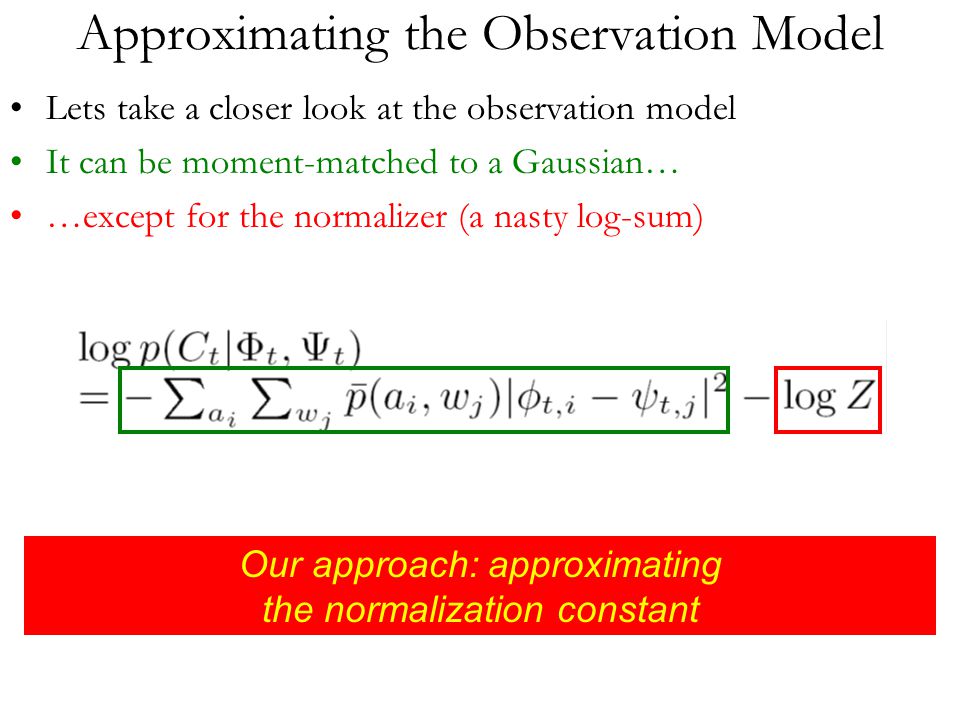 Approximating the Observation Model Lets take a closer look at the observation model It can be moment-matched to a Gaussian… …except for the normalizer (a nasty log-sum) Our approach: approximating the normalization constant