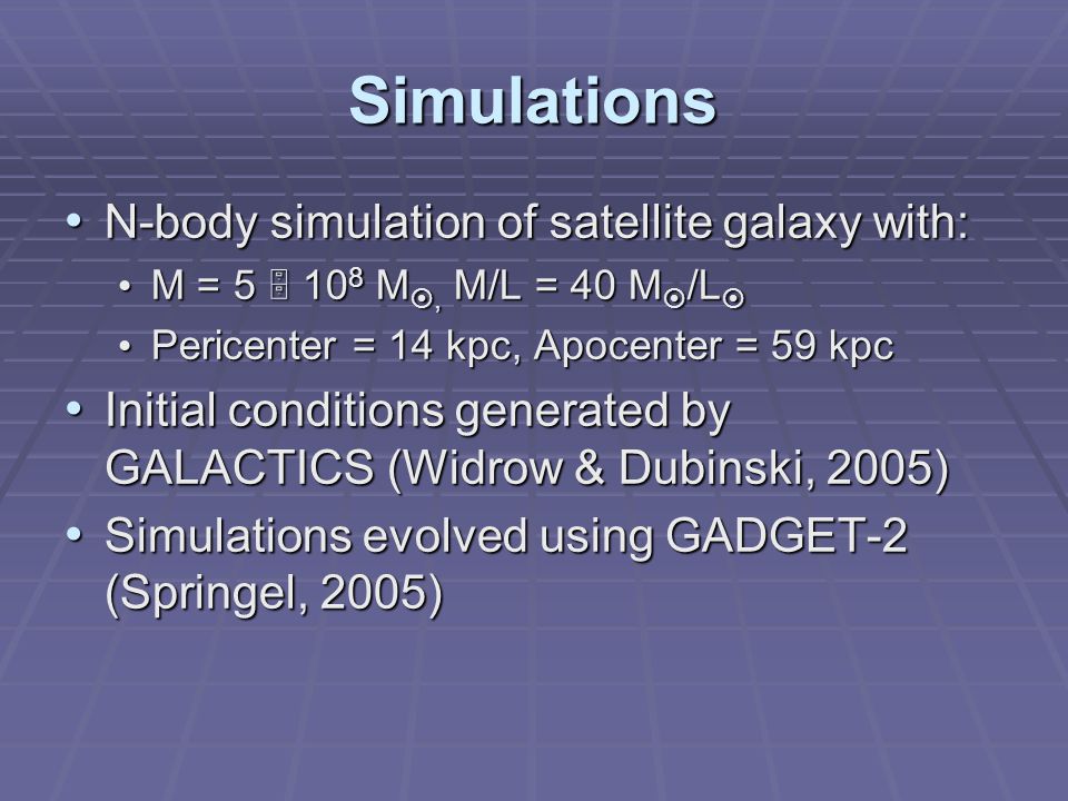Simulations N-body simulation of satellite galaxy with: N-body simulation of satellite galaxy with: M = 5  10 8 M , M/L = 40 M  /L  M = 5  10 8 M , M/L = 40 M  /L  Pericenter = 14 kpc, Apocenter = 59 kpc Pericenter = 14 kpc, Apocenter = 59 kpc Initial conditions generated by GALACTICS (Widrow & Dubinski, 2005) Initial conditions generated by GALACTICS (Widrow & Dubinski, 2005) Simulations evolved using GADGET-2 (Springel, 2005) Simulations evolved using GADGET-2 (Springel, 2005)