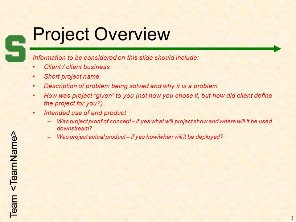 Team Project Overview Information to be considered on this slide should include: Client / client business Short project name Description of problem being solved and why it is a problem How was project given to you (not how you chose it, but how did client define the project for you ) Intended use of end product –Was project proof of concept – if yes what will project show and where will it be used downstream.
