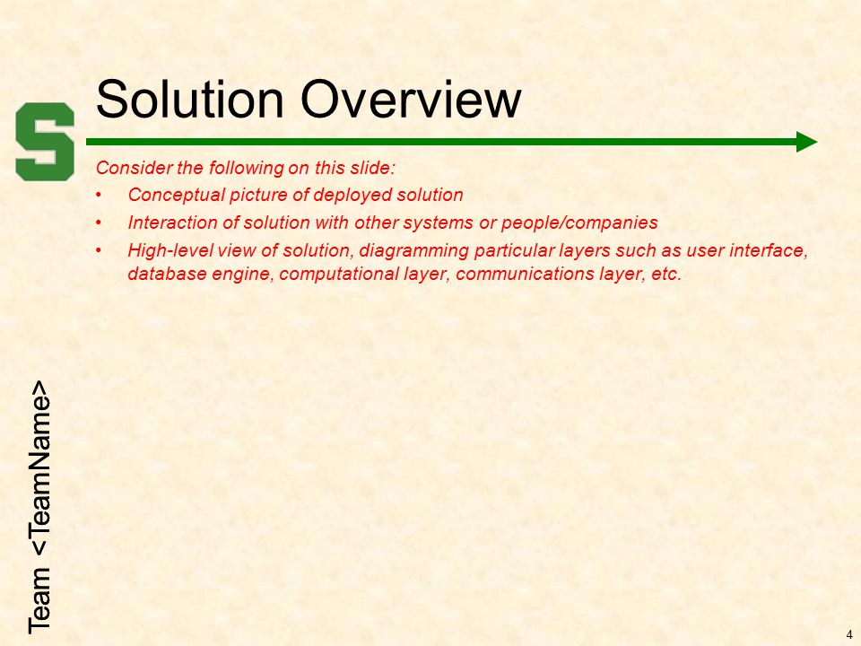 Team Solution Overview Consider the following on this slide: Conceptual picture of deployed solution Interaction of solution with other systems or people/companies High-level view of solution, diagramming particular layers such as user interface, database engine, computational layer, communications layer, etc.