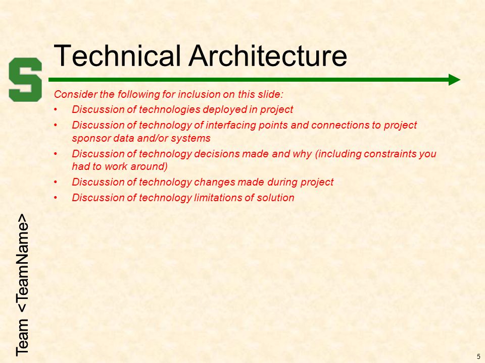 Team Technical Architecture Consider the following for inclusion on this slide: Discussion of technologies deployed in project Discussion of technology of interfacing points and connections to project sponsor data and/or systems Discussion of technology decisions made and why (including constraints you had to work around) Discussion of technology changes made during project Discussion of technology limitations of solution 5