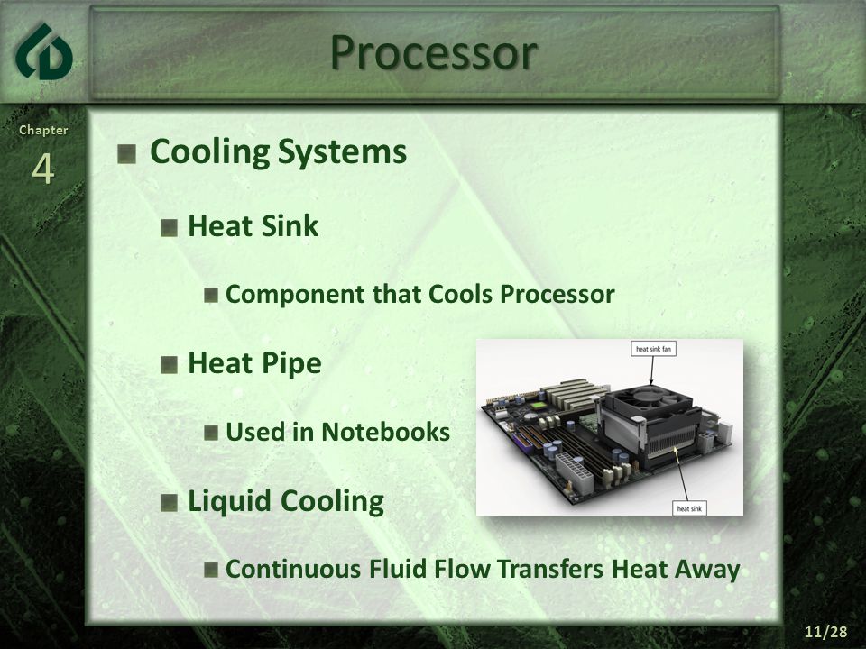 Chapter4 11/28 Processor Cooling Systems Heat Sink Component that Cools Processor Heat Pipe Used in Notebooks Liquid Cooling Continuous Fluid Flow Transfers Heat Away