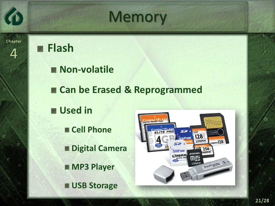 Chapter4 21/28 Memory Flash Non-volatile Can be Erased & Reprogrammed Used in Cell Phone Digital Camera MP3 Player USB Storage