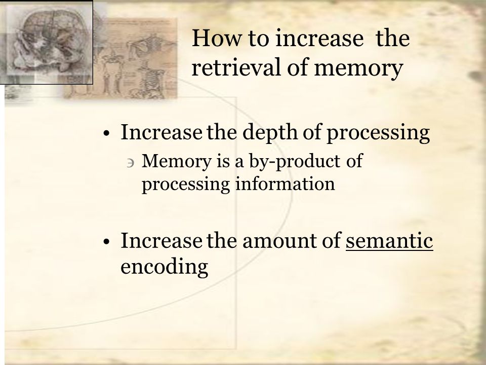 How to increase the retrieval of memory Increase the depth of processing Memory is a by-product of processing information Increase the amount of semantic encoding