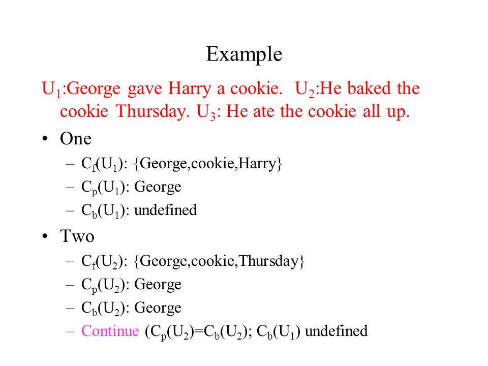 Example U 1 :George gave Harry a cookie. U 2 :He baked the cookie Thursday.