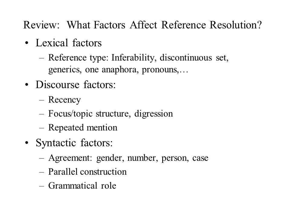 Review: What Factors Affect Reference Resolution.