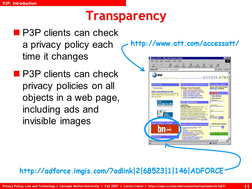 Privacy Policy, Law and Technology Carnegie Mellon University Fall 2007 Lorrie Cranor   10 … with P3P 1.0 added Web Server GET /w3c/p3p.xml HTTP/1.1 Host:   Request Policy Reference File Send Policy Reference File GET /index.html HTTP/1.1 Host: