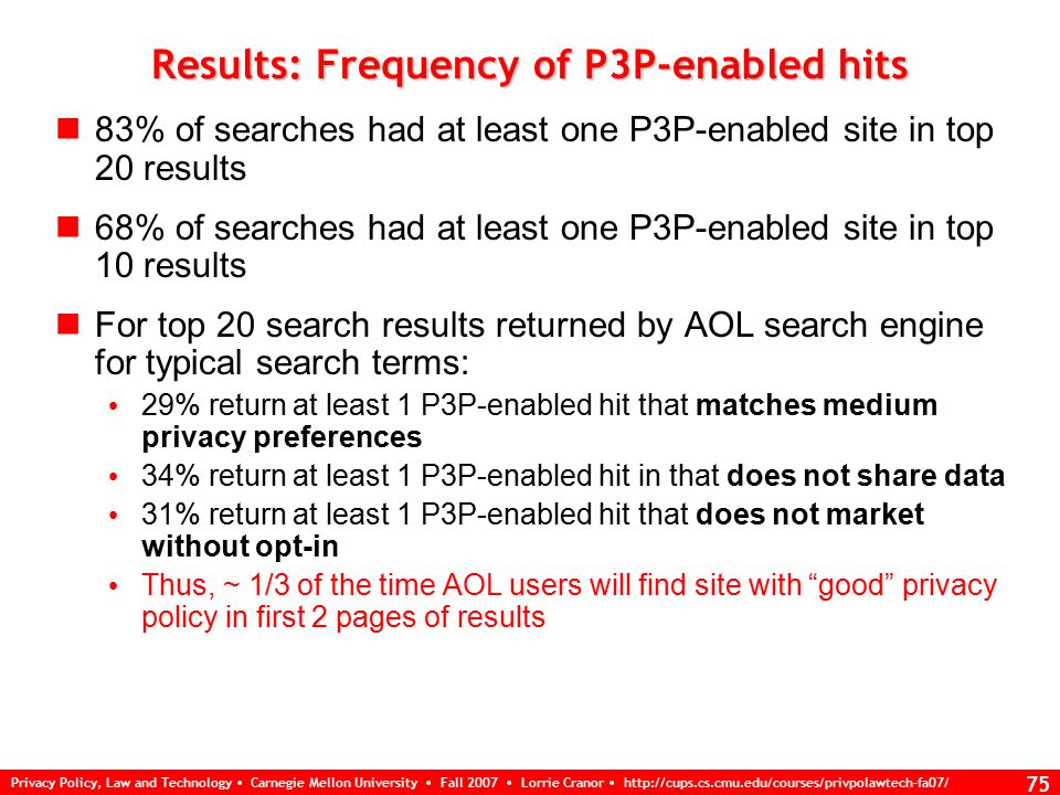 Privacy Policy, Law and Technology Carnegie Mellon University Fall 2007 Lorrie Cranor   74 Results: Most popular P3P policies Typical Terms Ecommerce Terms