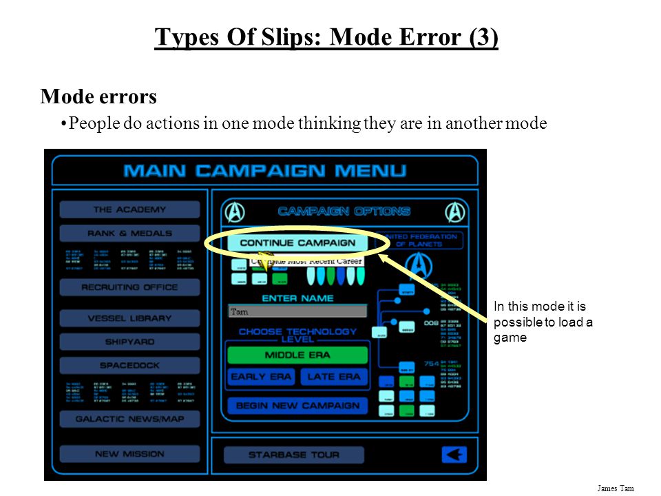 James Tam Types Of Slips: Mode Error (2) Mode errors People do actions in one mode thinking they are in another mode Game is in single and multiplayer mode (can start new campaigns or load existing games)