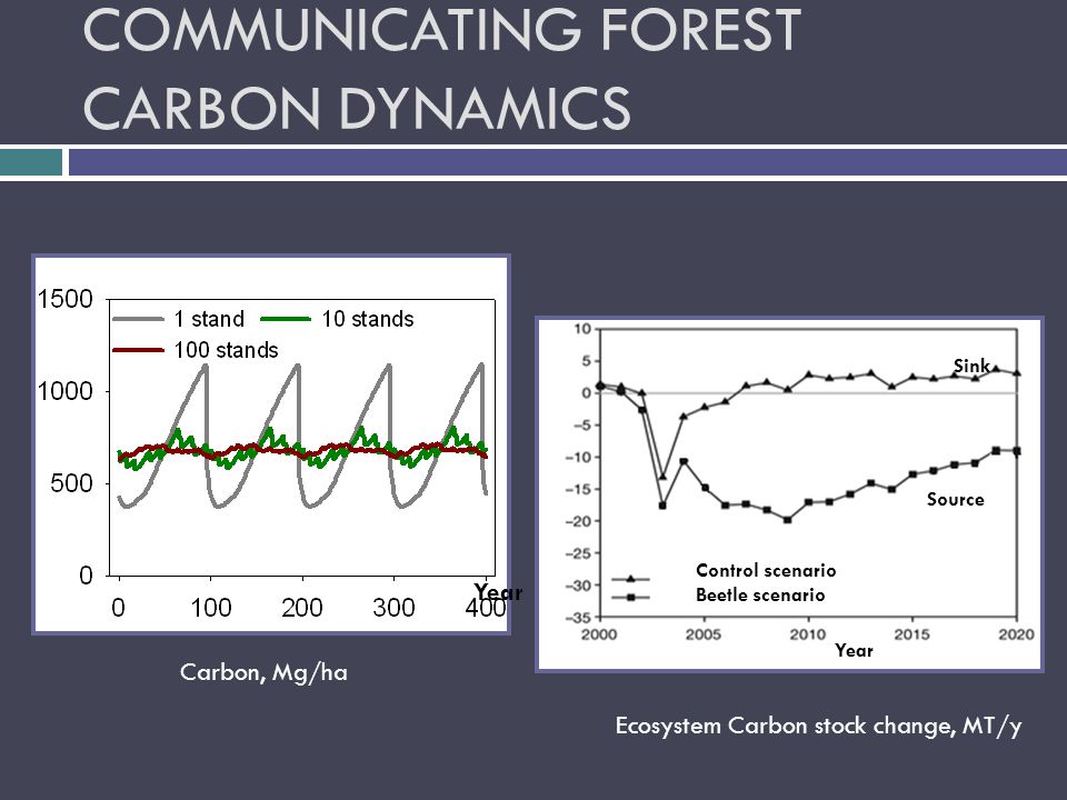 COMMUNICATING FOREST CARBON DYNAMICS Control scenario Beetle scenario Year Sink Source Year Ecosystem Carbon stock change, MT/y Carbon, Mg/ha Year