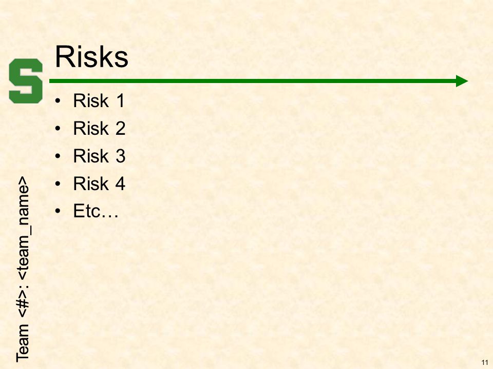 Team : 11 Risks Risk 1 Risk 2 Risk 3 Risk 4 Etc…