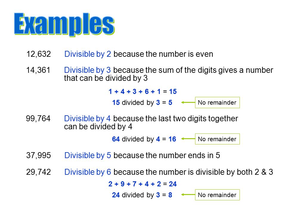 12,632Divisible by 2 because the number is even 14,361Divisible by 3 because the sum of the digits gives a number that can be divided by = divided by 3 = 5 No remainder 99,764Divisible by 4 because the last two digits together can be divided by 4 64 divided by 4 = 16 No remainder 37,995Divisible by 5 because the number ends in 5 29,742Divisible by 6 because the number is divisible by both 2 & = divided by 3 = 8 No remainder