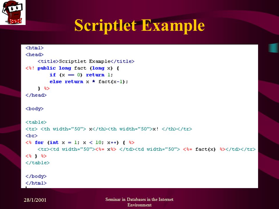28/1/2001 Seminar in Databases in the Internet Environment Scriptlet Example