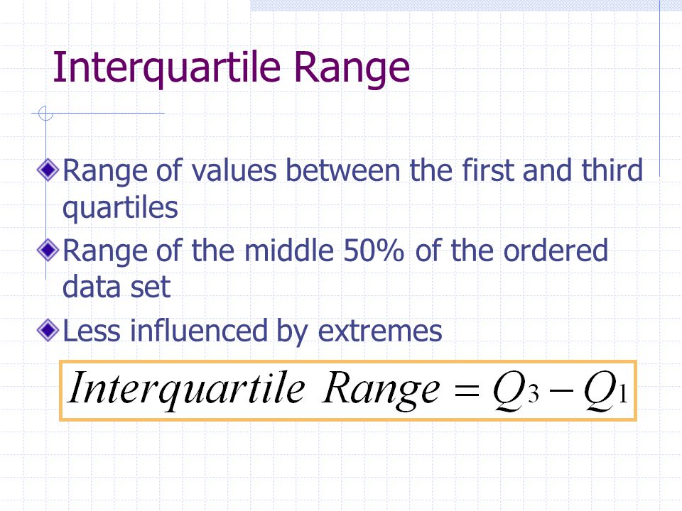 Interquartile Range Range of values between the first and third quartiles Range of the middle 50% of the ordered data set Less influenced by extremes