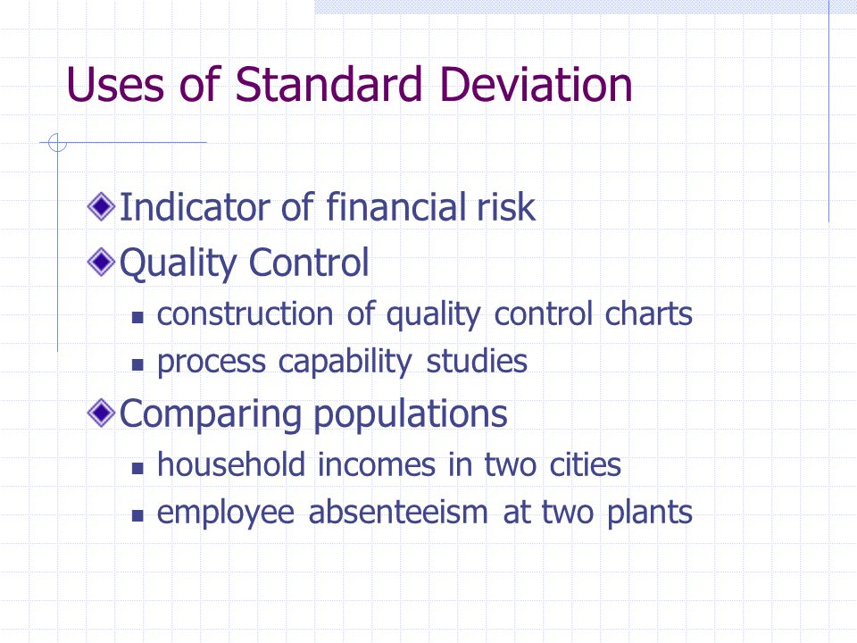 Uses of Standard Deviation Indicator of financial risk Quality Control construction of quality control charts process capability studies Comparing populations household incomes in two cities employee absenteeism at two plants