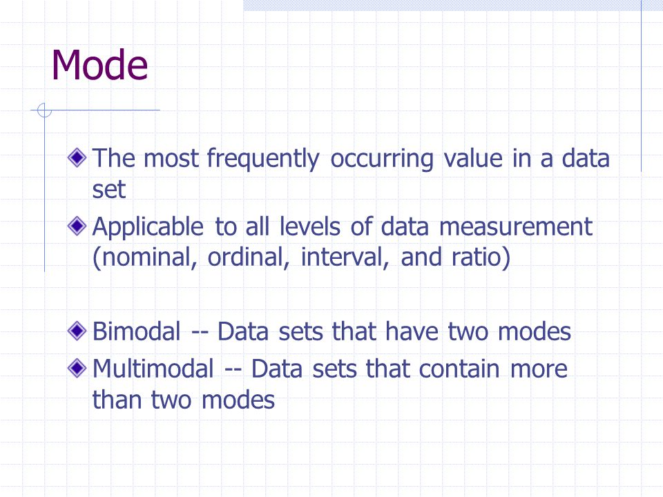Mode The most frequently occurring value in a data set Applicable to all levels of data measurement (nominal, ordinal, interval, and ratio) Bimodal -- Data sets that have two modes Multimodal -- Data sets that contain more than two modes
