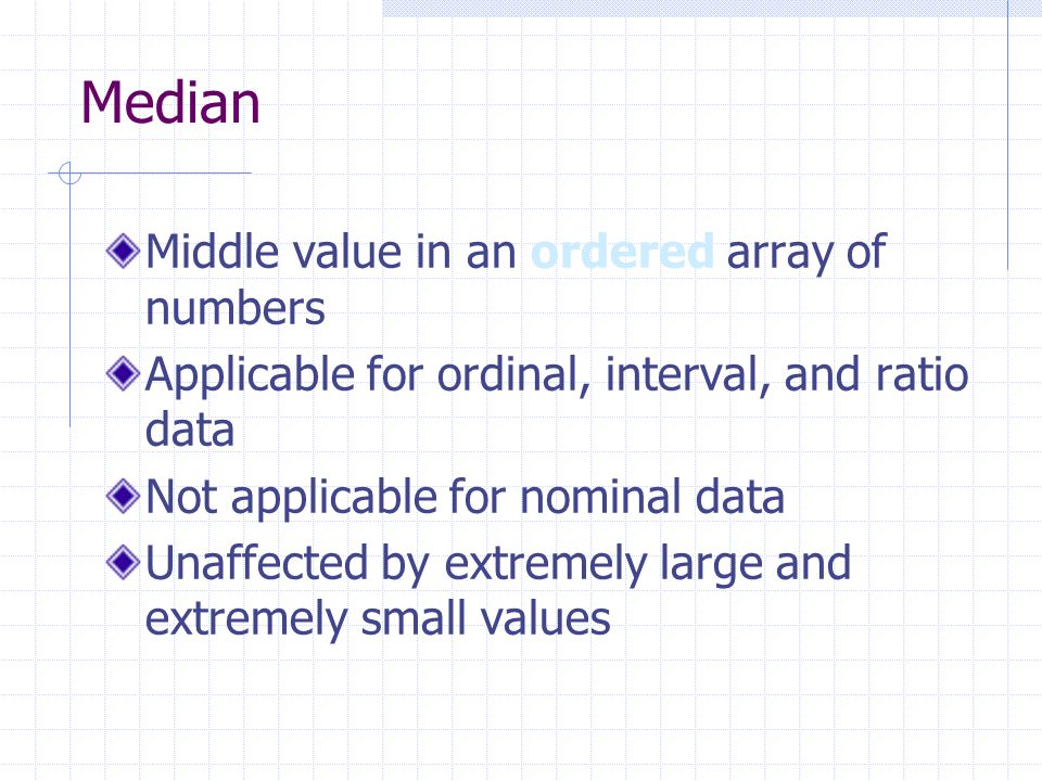 Median Middle value in an ordered array of numbers Applicable for ordinal, interval, and ratio data Not applicable for nominal data Unaffected by extremely large and extremely small values