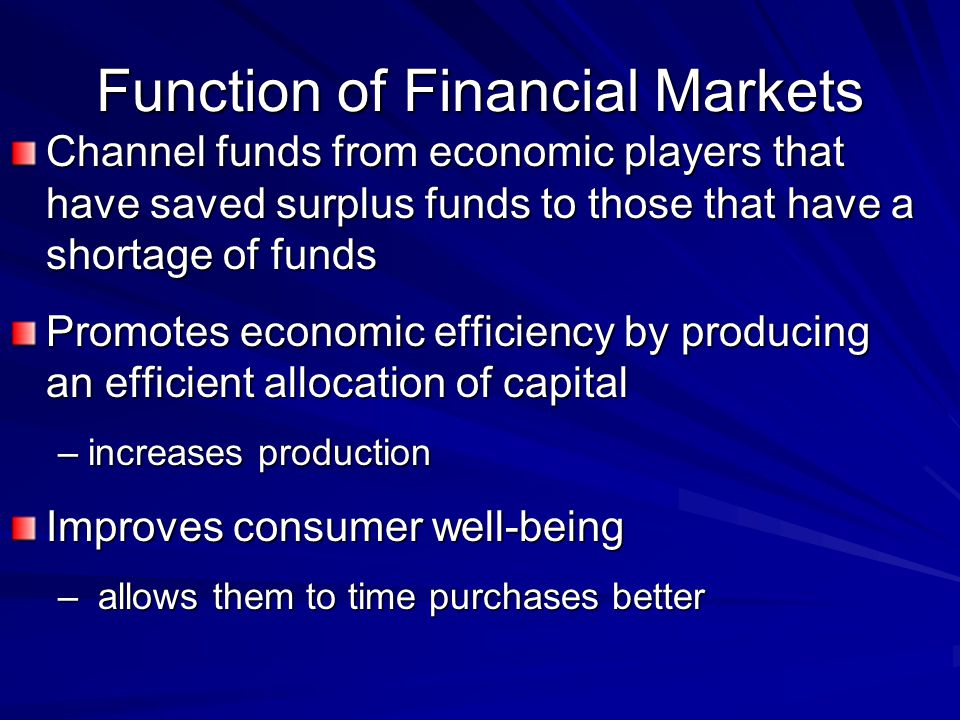 Function of Financial Markets Channel funds from economic players that have saved surplus funds to those that have a shortage of funds Promotes economic efficiency by producing an efficient allocation of capital –increases production Improves consumer well-being – allows them to time purchases better
