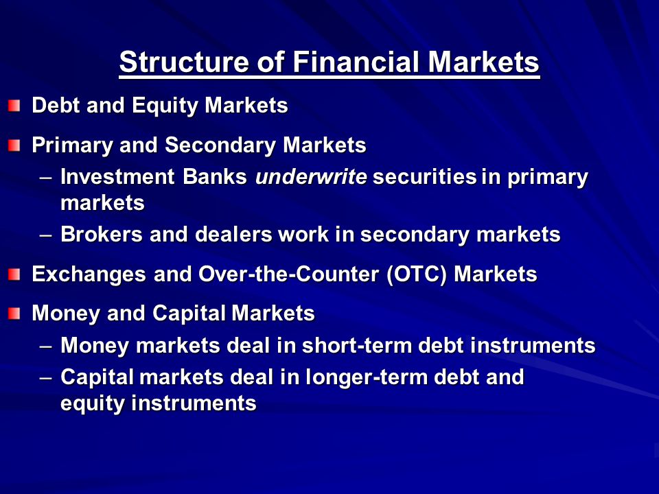 Structure of Financial Markets Debt and Equity Markets Primary and Secondary Markets –Investment Banks underwrite securities in primary markets –Brokers and dealers work in secondary markets Exchanges and Over-the-Counter (OTC) Markets Money and Capital Markets –Money markets deal in short-term debt instruments –Capital markets deal in longer-term debt and equity instruments