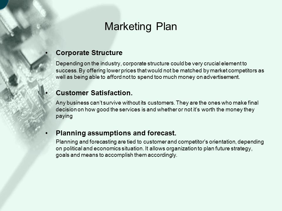 Marketing Plan Corporate Structure Depending on the industry, corporate structure could be very crucial element to success.