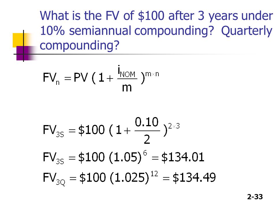 2-33 What is the FV of $100 after 3 years under 10% semiannual compounding Quarterly compounding