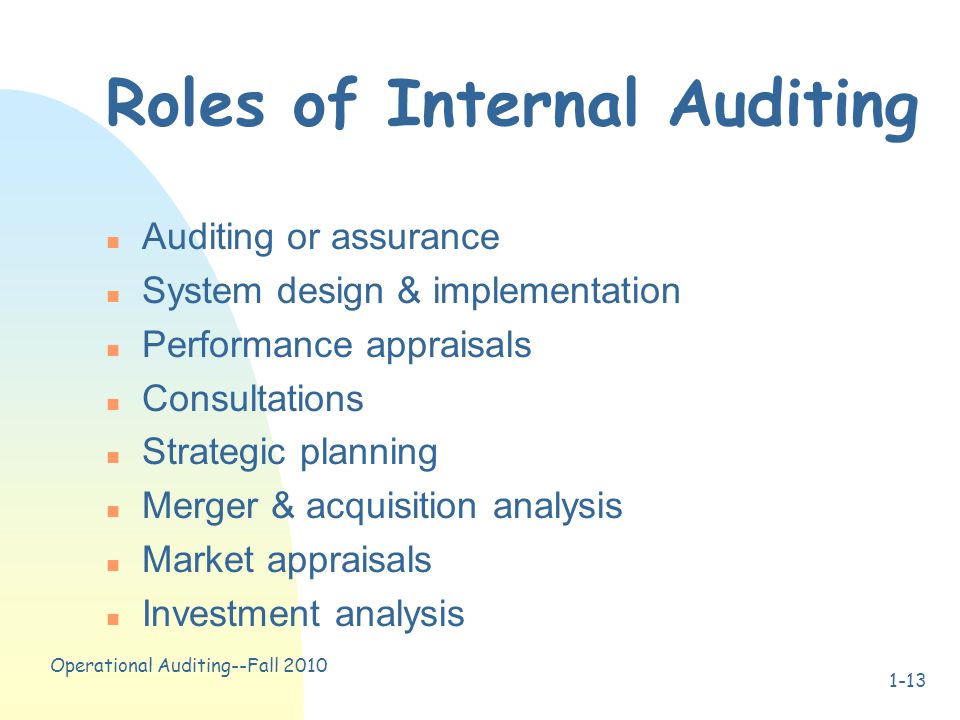 Operational Auditing--Fall Roles of Internal Auditing n Auditing or assurance n System design & implementation n Performance appraisals n Consultations n Strategic planning n Merger & acquisition analysis n Market appraisals n Investment analysis