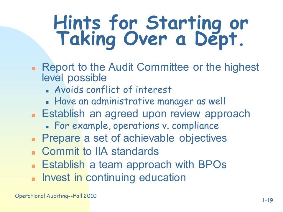 Operational Auditing--Fall Hints for Starting or Taking Over a Dept.