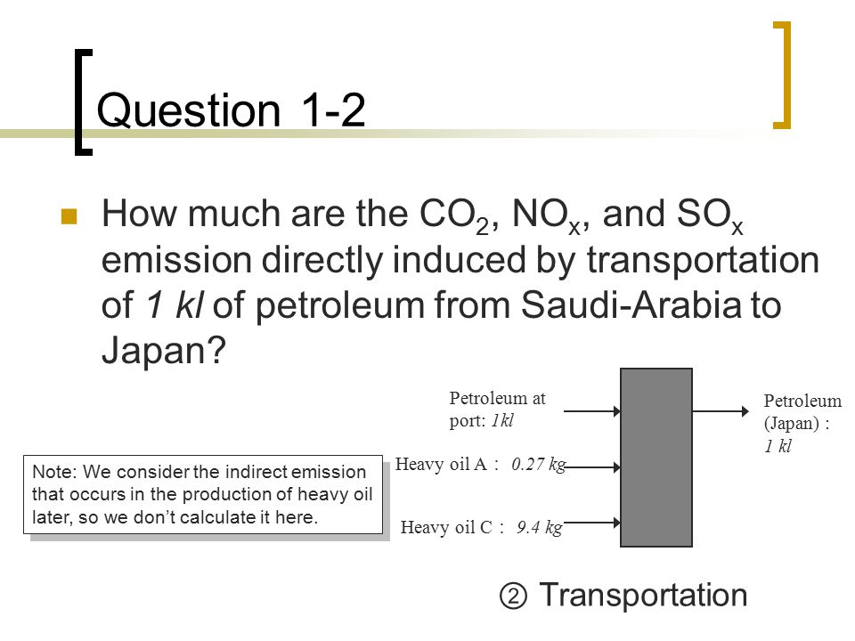 Question 1-2 How much are the CO 2, NO x, and SO x emission directly induced by transportation of 1 kl of petroleum from Saudi-Arabia to Japan.