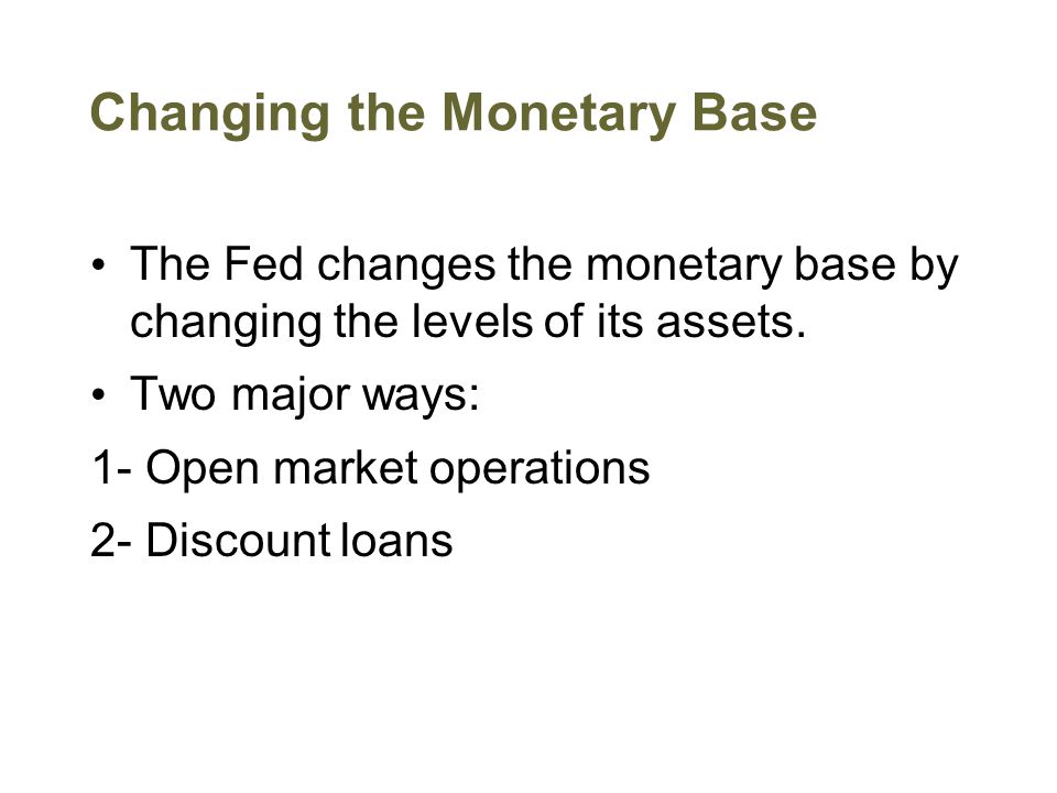 Changing the Monetary Base The Fed changes the monetary base by changing the levels of its assets.
