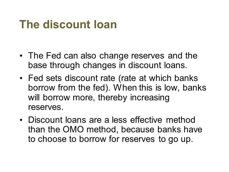 The discount loan The Fed can also change reserves and the base through changes in discount loans.