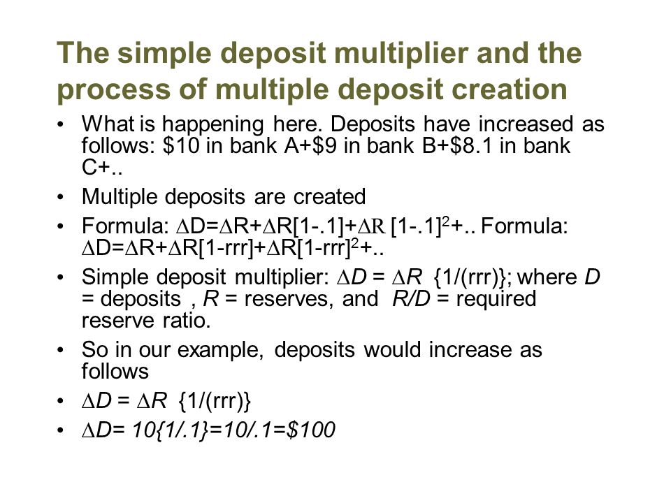 The simple deposit multiplier and the process of multiple deposit creation What is happening here.