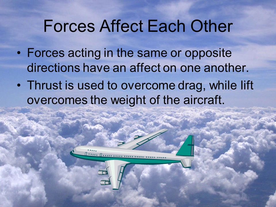 Forces Affect Each Other Forces acting in the same or opposite directions have an affect on one another.