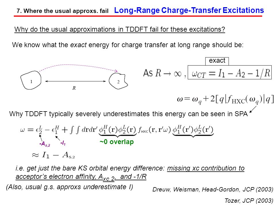 We know what the exact energy for charge transfer at long range should be: Why TDDFT typically severely underestimates this energy can be seen in SPA -A s,2 -I1-I1 (Also, usual g.s.