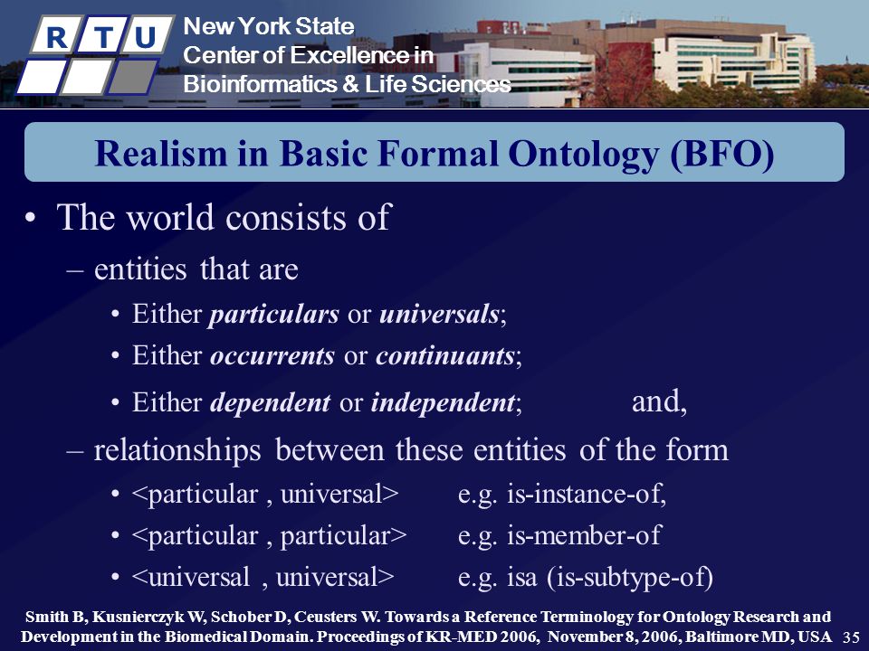 New York State Center of Excellence in Bioinformatics & Life Sciences R T U New York State Center of Excellence in Bioinformatics & Life Sciences R T U 35 Realism in Basic Formal Ontology (BFO) The world consists of –entities that are Either particulars or universals; Either occurrents or continuants; Either dependent or independent; and, –relationships between these entities of the form e.g.