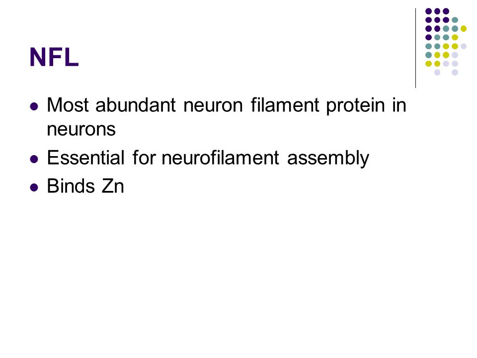 NFL Most abundant neuron filament protein in neurons Essential for neurofilament assembly Binds Zn