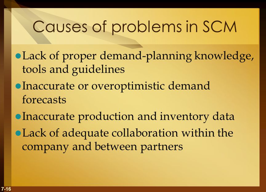 7-16 Causes of problems in SCM Lack of proper demand-planning knowledge, tools and guidelines Inaccurate or overoptimistic demand forecasts Inaccurate production and inventory data Lack of adequate collaboration within the company and between partners