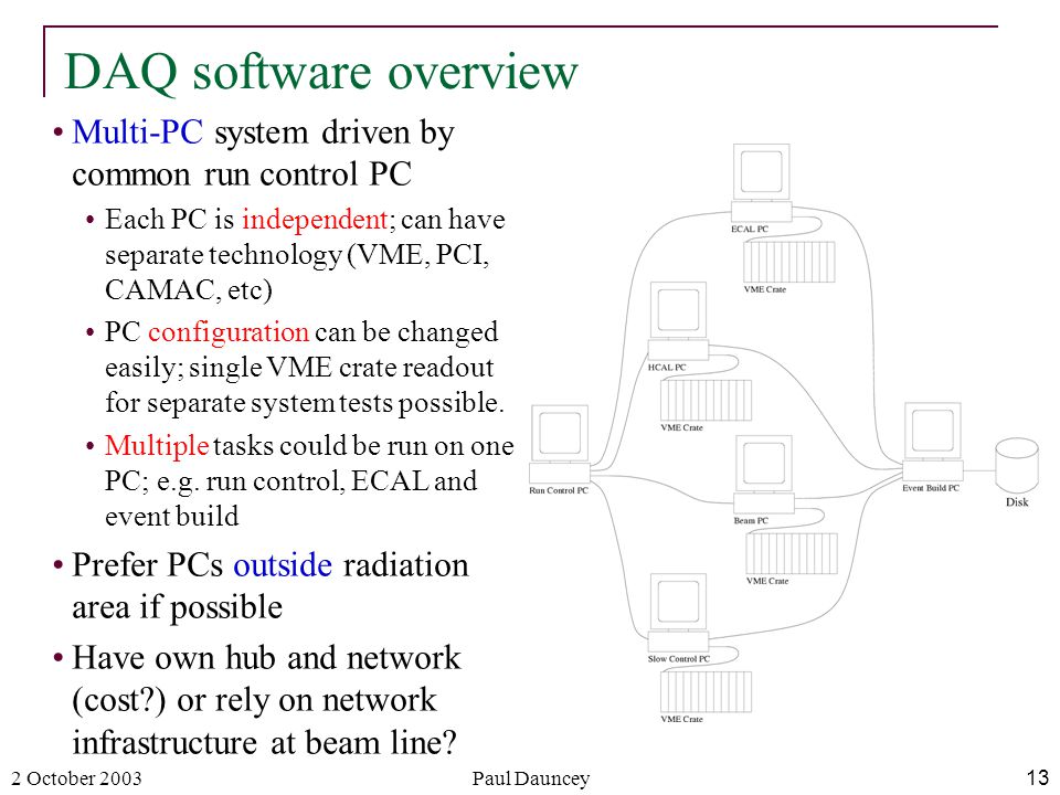 2 October 2003Paul Dauncey13 Multi-PC system driven by common run control PC Each PC is independent; can have separate technology (VME, PCI, CAMAC, etc) PC configuration can be changed easily; single VME crate readout for separate system tests possible.