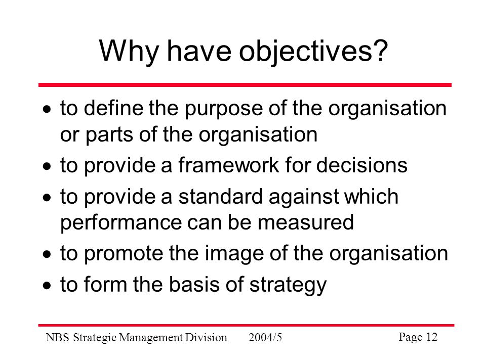 NBS Strategic Management Division2004/5 Page 12 Why have objectives.
