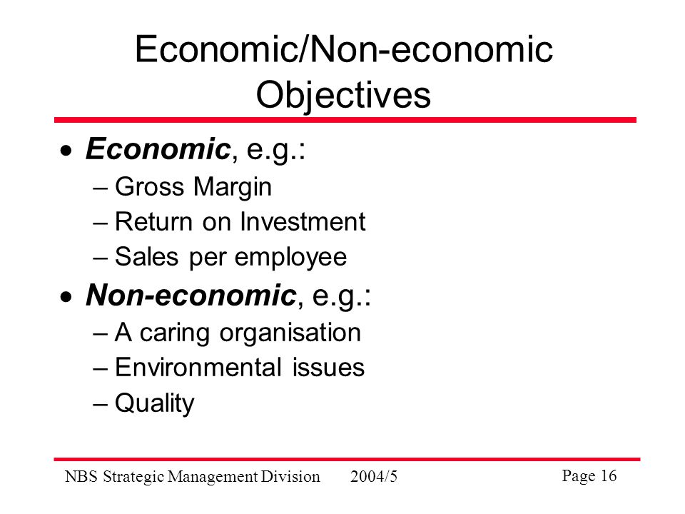 NBS Strategic Management Division2004/5 Page 16 Economic/Non-economic Objectives  Economic, e.g.: –Gross Margin –Return on Investment –Sales per employee  Non-economic, e.g.: –A caring organisation –Environmental issues –Quality