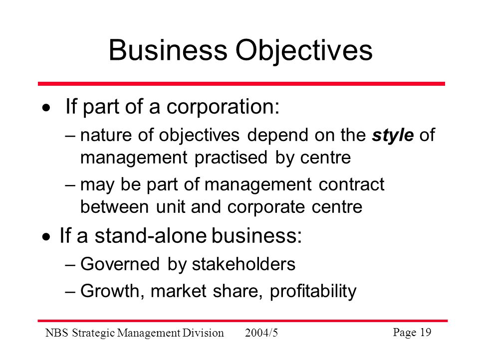 NBS Strategic Management Division2004/5 Page 19 Business Objectives  If part of a corporation: –nature of objectives depend on the style of management practised by centre –may be part of management contract between unit and corporate centre  If a stand-alone business: –Governed by stakeholders –Growth, market share, profitability