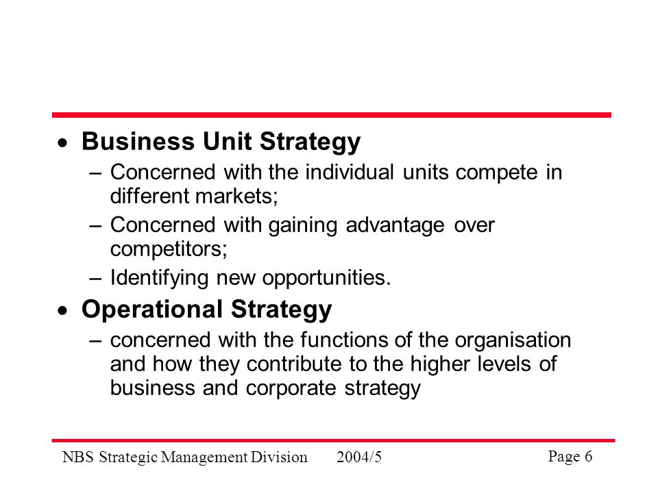 NBS Strategic Management Division2004/5 Page 6  Business Unit Strategy –Concerned with the individual units compete in different markets; –Concerned with gaining advantage over competitors; –Identifying new opportunities.