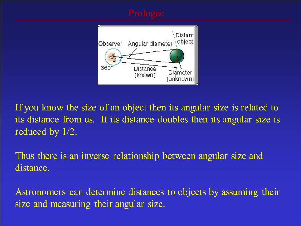 Prologue If you know the size of an object then its angular size is related to its distance from us.