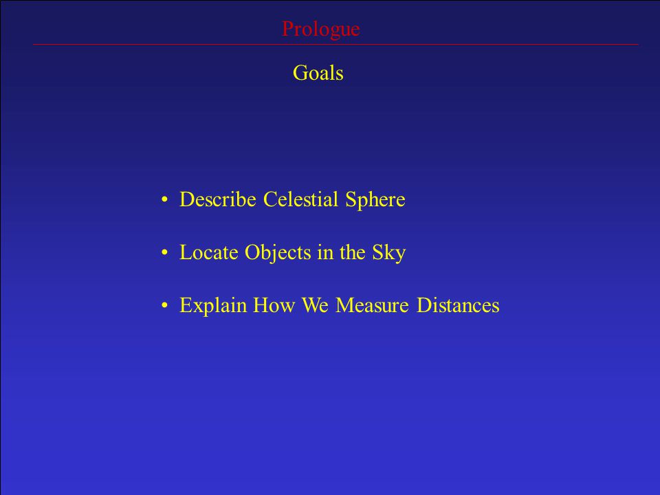 Prologue Goals Describe Celestial Sphere Locate Objects in the Sky Explain How We Measure Distances