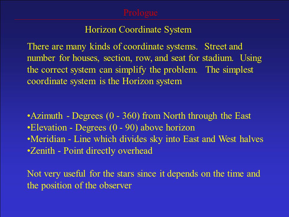 Prologue Horizon Coordinate System There are many kinds of coordinate systems.