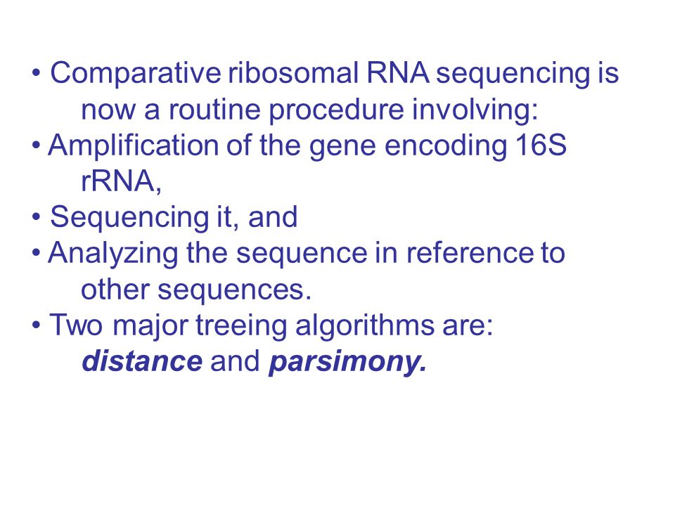 Comparative ribosomal RNA sequencing is now a routine procedure involving: Amplification of the gene encoding 16S rRNA, Sequencing it, and Analyzing the sequence in reference to other sequences.