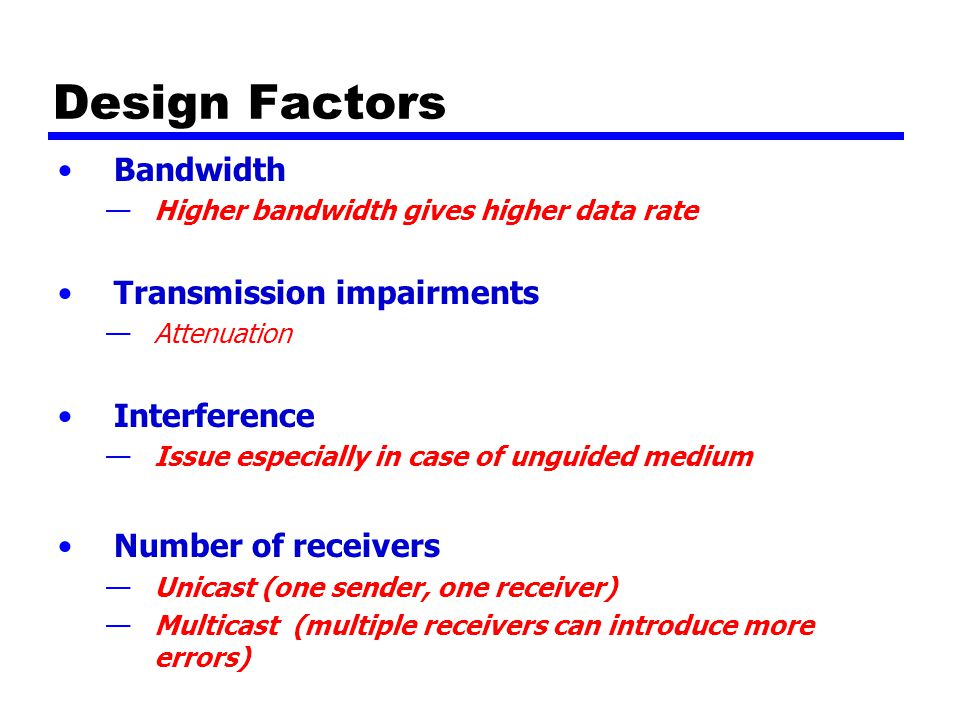 Design Factors Bandwidth —Higher bandwidth gives higher data rate Transmission impairments —Attenuation Interference —Issue especially in case of unguided medium Number of receivers —Unicast (one sender, one receiver) —Multicast (multiple receivers can introduce more errors)
