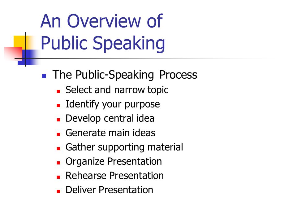 An Overview of Public Speaking The Public-Speaking Process Select and narrow topic Identify your purpose Develop central idea Generate main ideas Gather supporting material Organize Presentation Rehearse Presentation Deliver Presentation