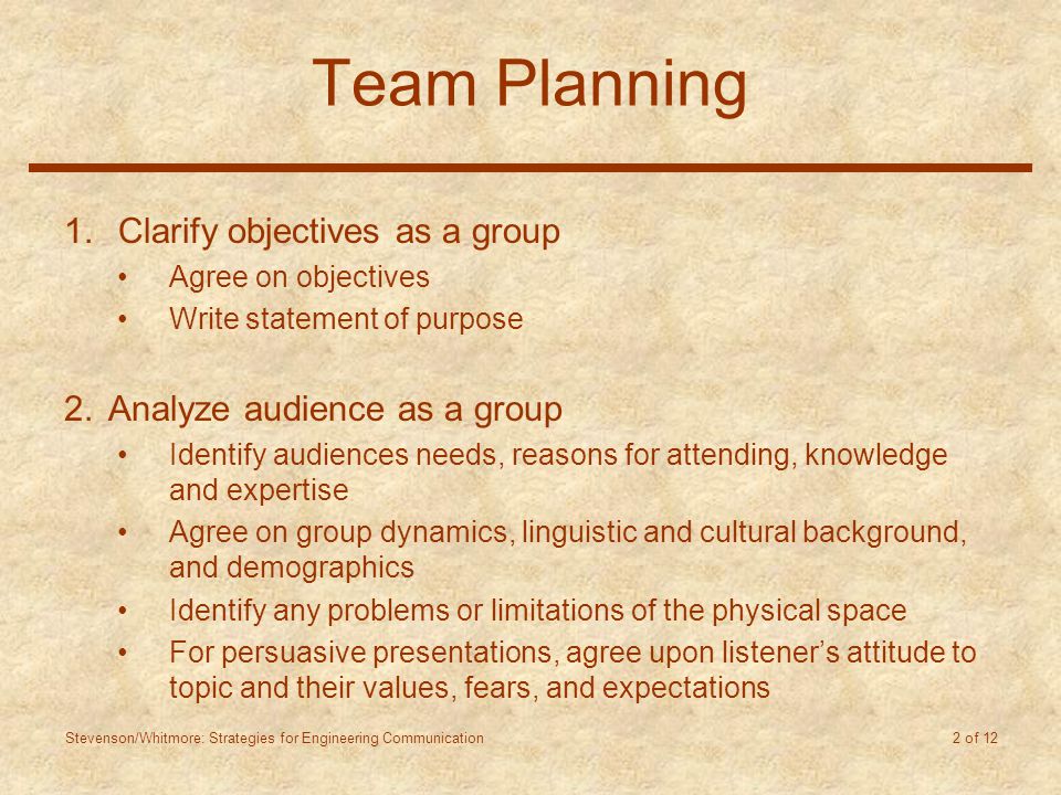 Stevenson/Whitmore: Strategies for Engineering Communication 2 of 12 Team Planning 1.