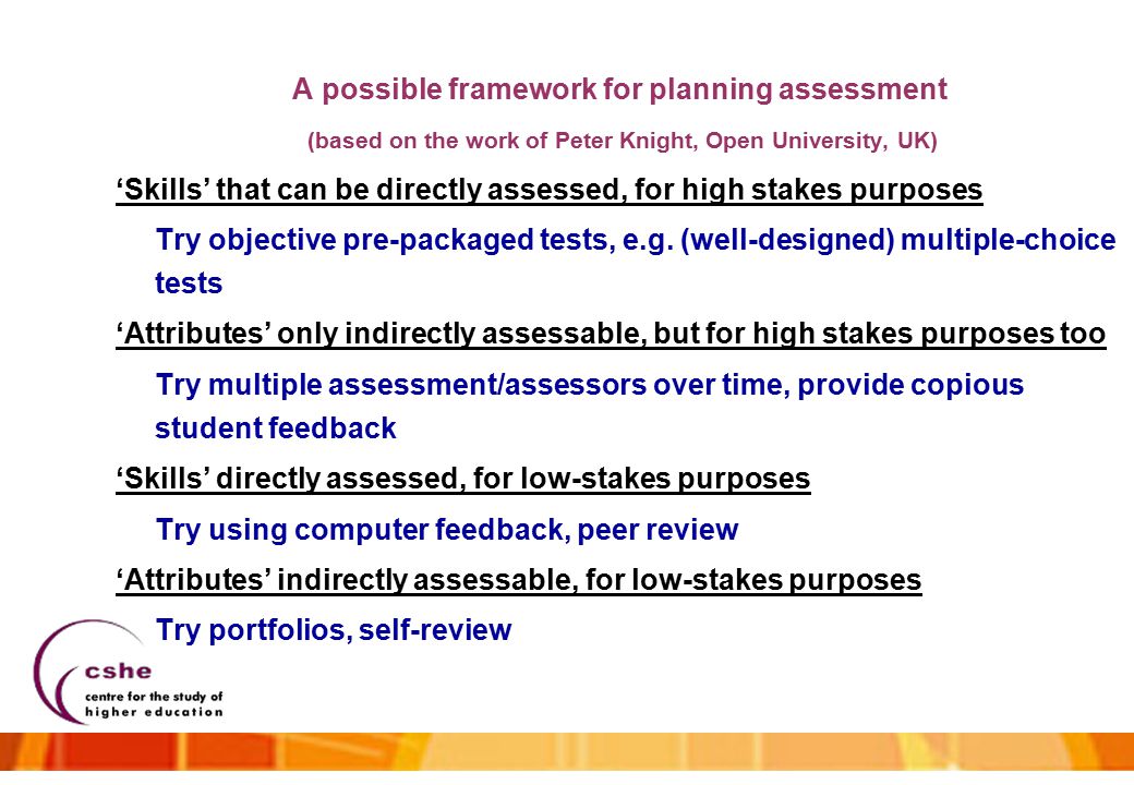 A possible framework for planning assessment (based on the work of Peter Knight, Open University, UK) ‘Skills’ that can be directly assessed, for high stakes purposes Try objective pre-packaged tests, e.g.