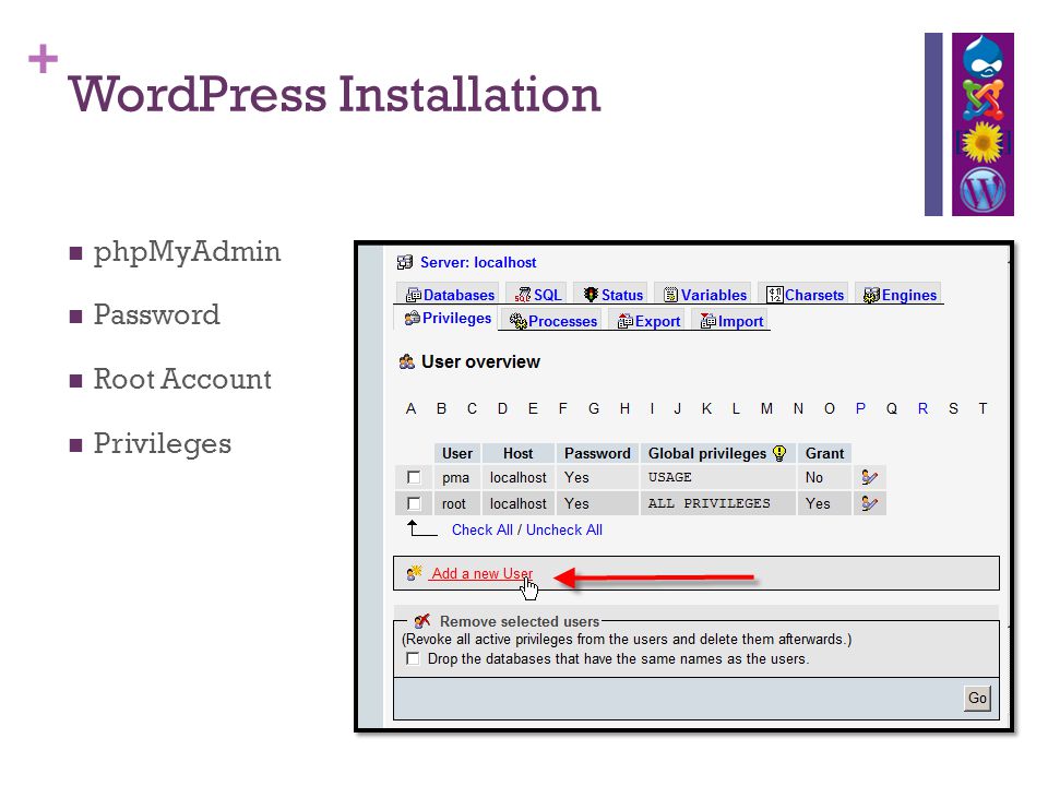 + WordPress Installation phpMyAdmin Password Root Account Privileges